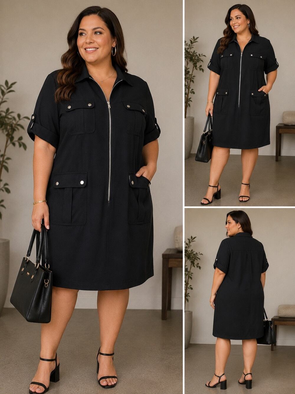True Envy Black Utility Shirt Dress16 Zip Front Roll Tab Sleeve Cargo Pockets